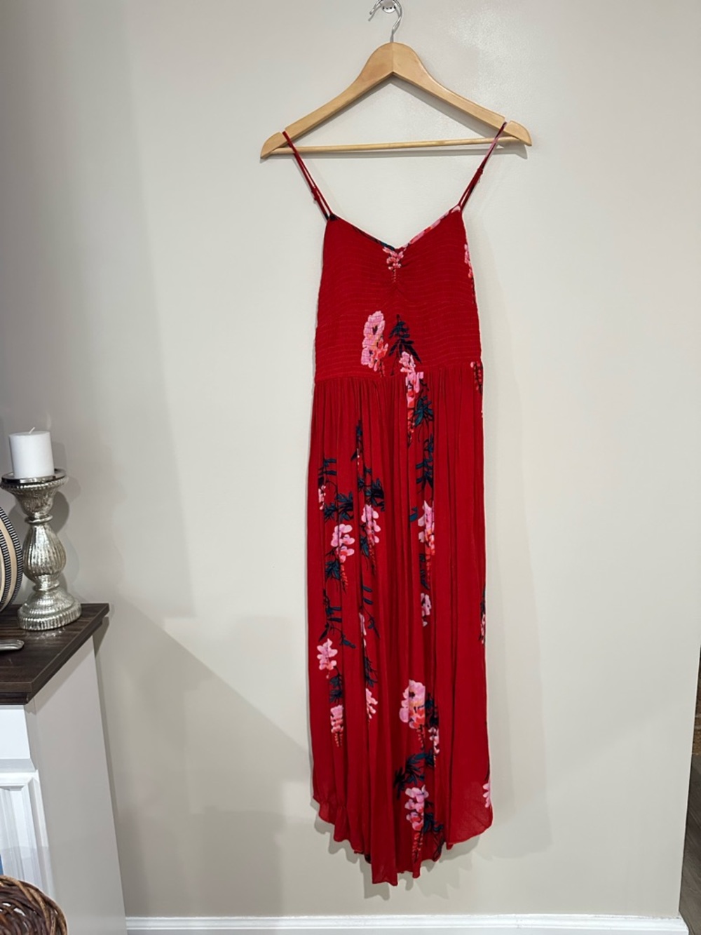 Free People Beau Red Floral Smocked Maxi Dress Small Boho Cottagecore - Picture 2 of 15